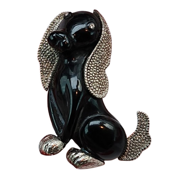 Vintage Silver Tone Dog Brooch Pin (2 1/8”) | Marcasite  Vtg Obsidian Sterling Dog Pin Brooch